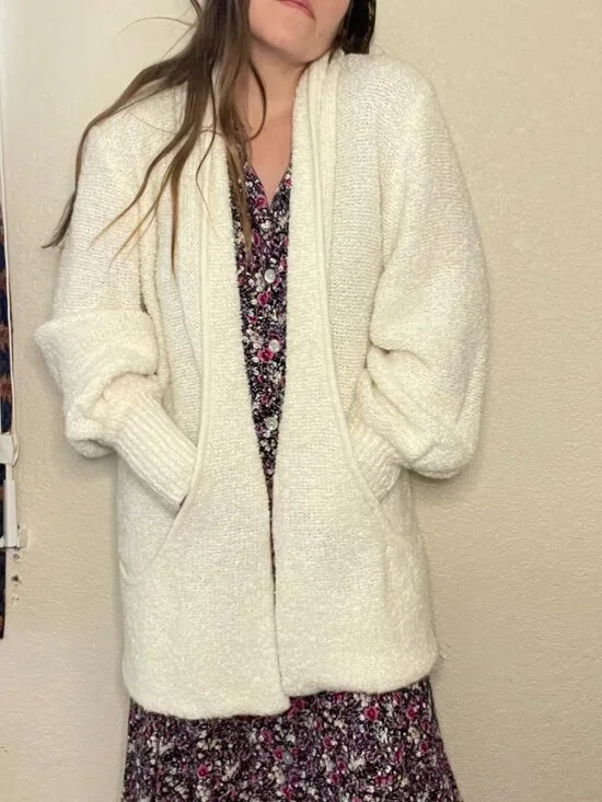 Vintage 80s White Chunky Knit Cardigan Slouchy Open Front Sweater | Size M-XL - Picture 2 of 11